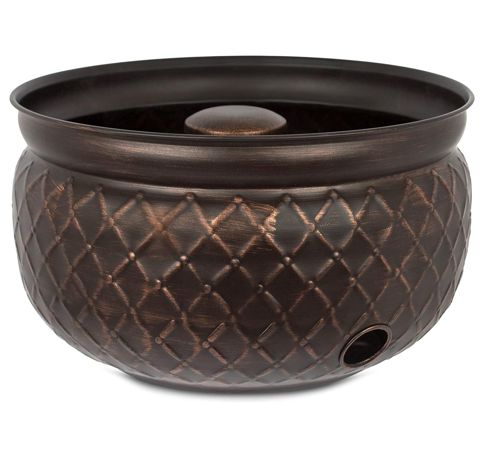TiaGOC Water Hose Holder - Decorative Metal Pot, Indoor or Outdoor, Garden Storage Organizer, Patio Portable Bucket - Embossed Steel w/ Copper Accents, Holds up to 100ft Hoses, Medium No Lid